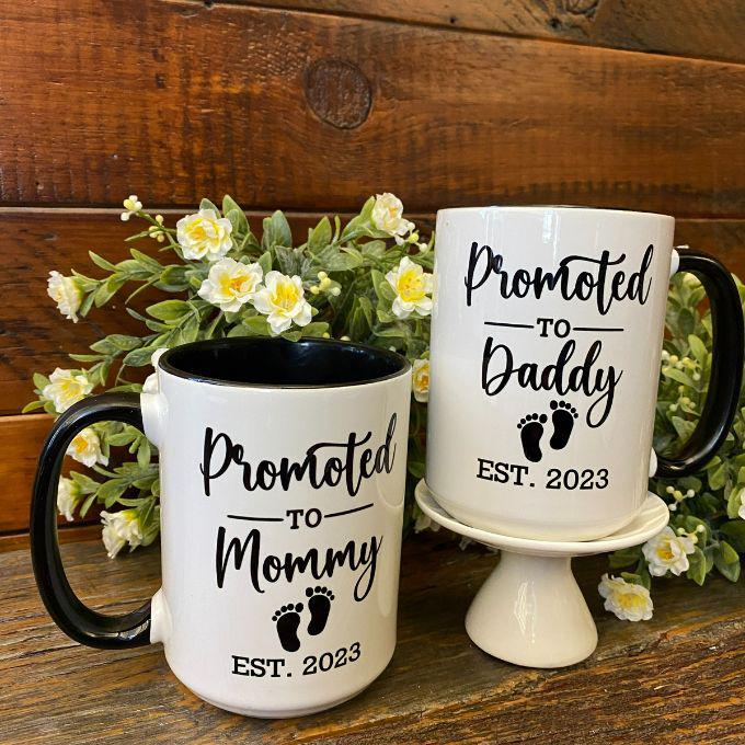 Promoted to Mommy and Daddy Personalized Year Mugs available at quilted cabin Home decor