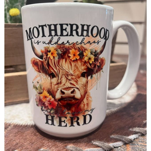 Motherhood is Udder Chaos But...Mug available at Quilted Cabin Home Decor.
