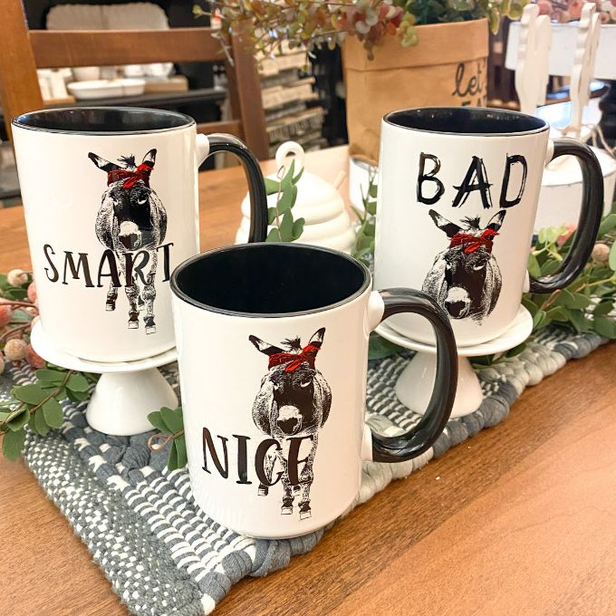 Donkey Mugs - Three Sayings available at Quilted Cabin Home Decor.
