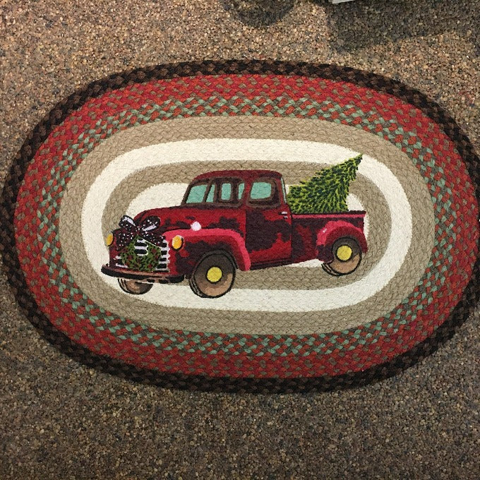 Braided Christmas Red Truck Trivets, Placemats & Runners available at Quilted Cabin Home Decor