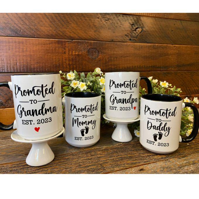 Promoted to Grandpa and Grandma Personalized Year Mugs available at Quilted Cabin Home Decor