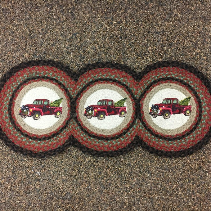 Braided Christmas Red Truck Trivets, Placemats & Runners available at Quilted Cabin Home Decor