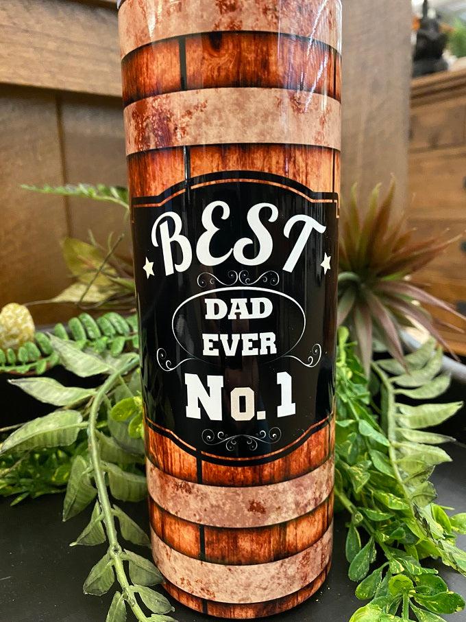  This is an enamel coated stainless steel water bottle, so it looks shiney! The water bottle comes with a reusable straw and is completely imprinted all the way around the bottle with a design that looks like barnwood, and the words Best Dad Ever and No. 1 in a black oval in the centre of the barnwood. The text is white.