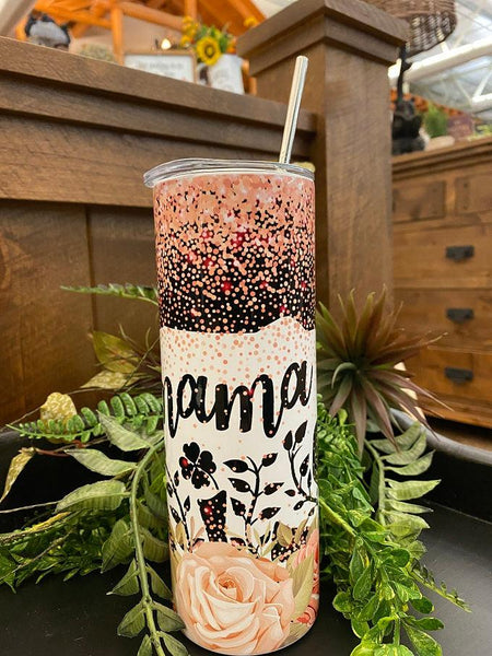 This is an enamel coated stainless steel water bottle, so it looks shiney! The water bottle comes with a reusable straw and is completely imprinted all the way around the bottle with a pink floral and glitter design with black accents.  There is a white bear in the center of it all with the word Mama in the center.