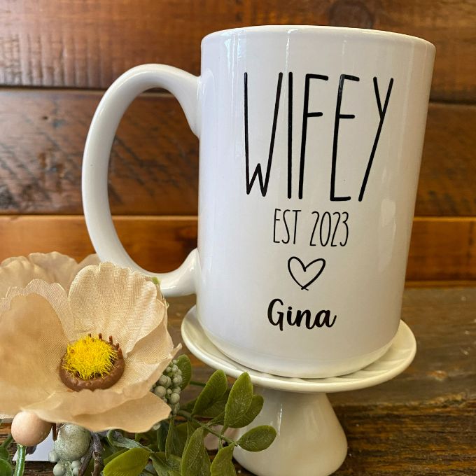 Wifey and Hubby Mugs - Personalized Year and Name available at Quilted Cabin Home Decor.