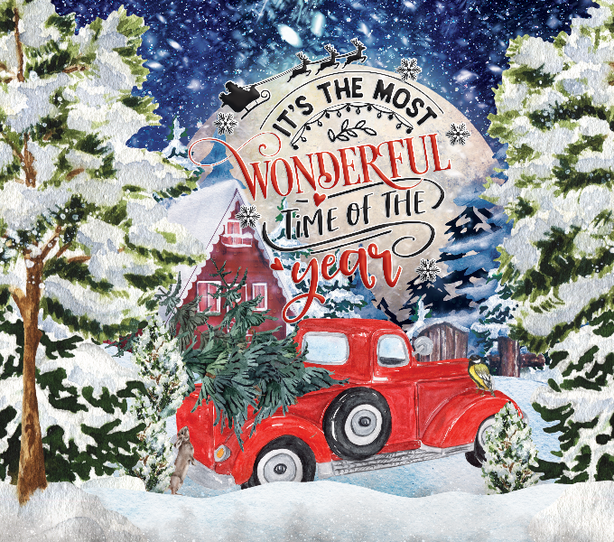 The complete image for the Most Wonderful Time Hot/Cold Tumbler. A red truck is the center of a snowy winter scene.